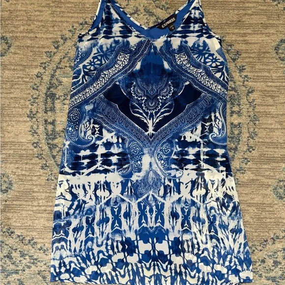 express blue and white dress Desert Express Satin Floral Tunic Top in Blue main image 0